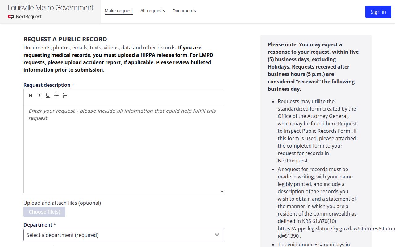 Jefferson County arrest history request through Louisville Metro NextRequest