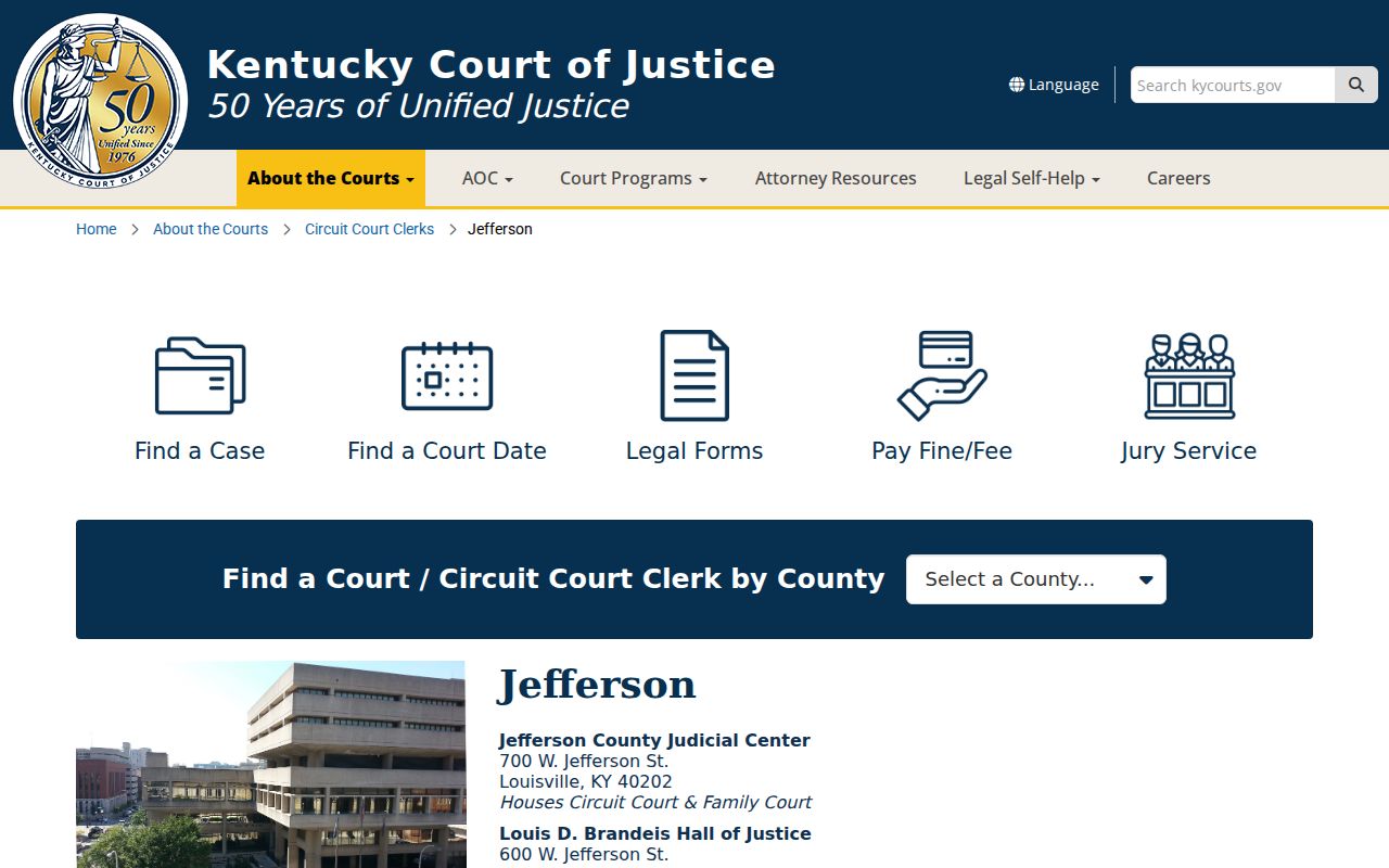 Official Jefferson County Kentucky court locations and counter information