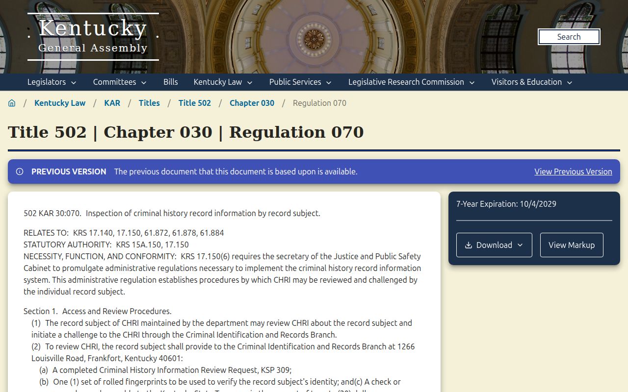 Kentucky rule for inspecting and challenging criminal history information