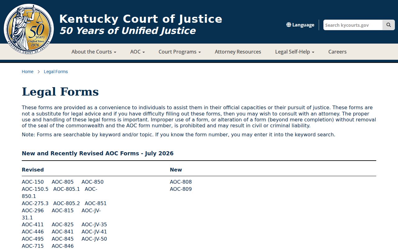 Kentucky Court of Justice criminal expungement forms catalog